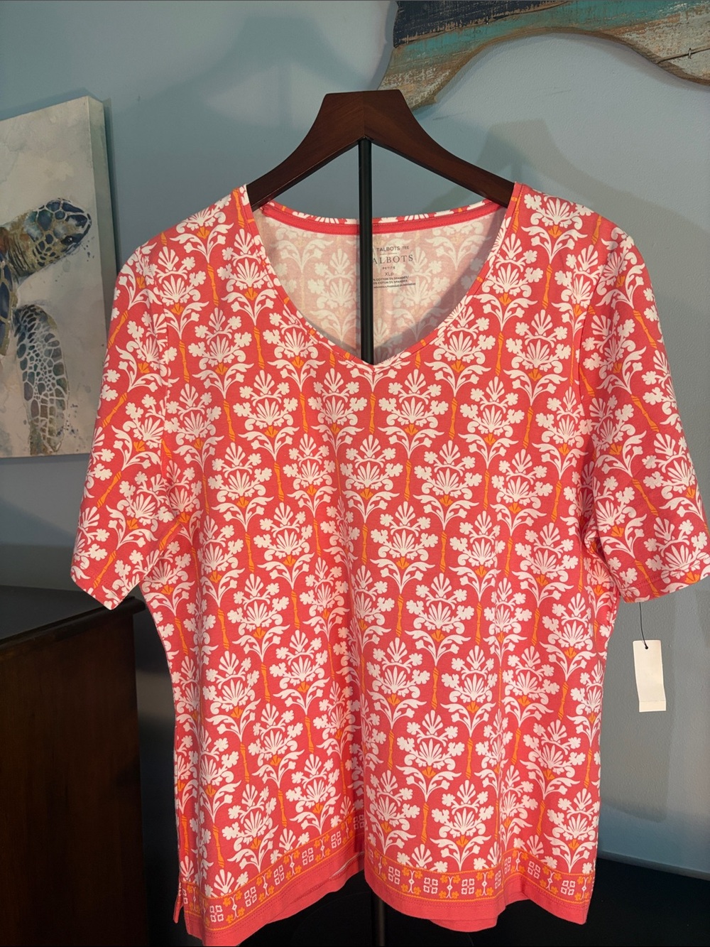 Talbots Coral and White Floral V-Neck Short Sleeve Top